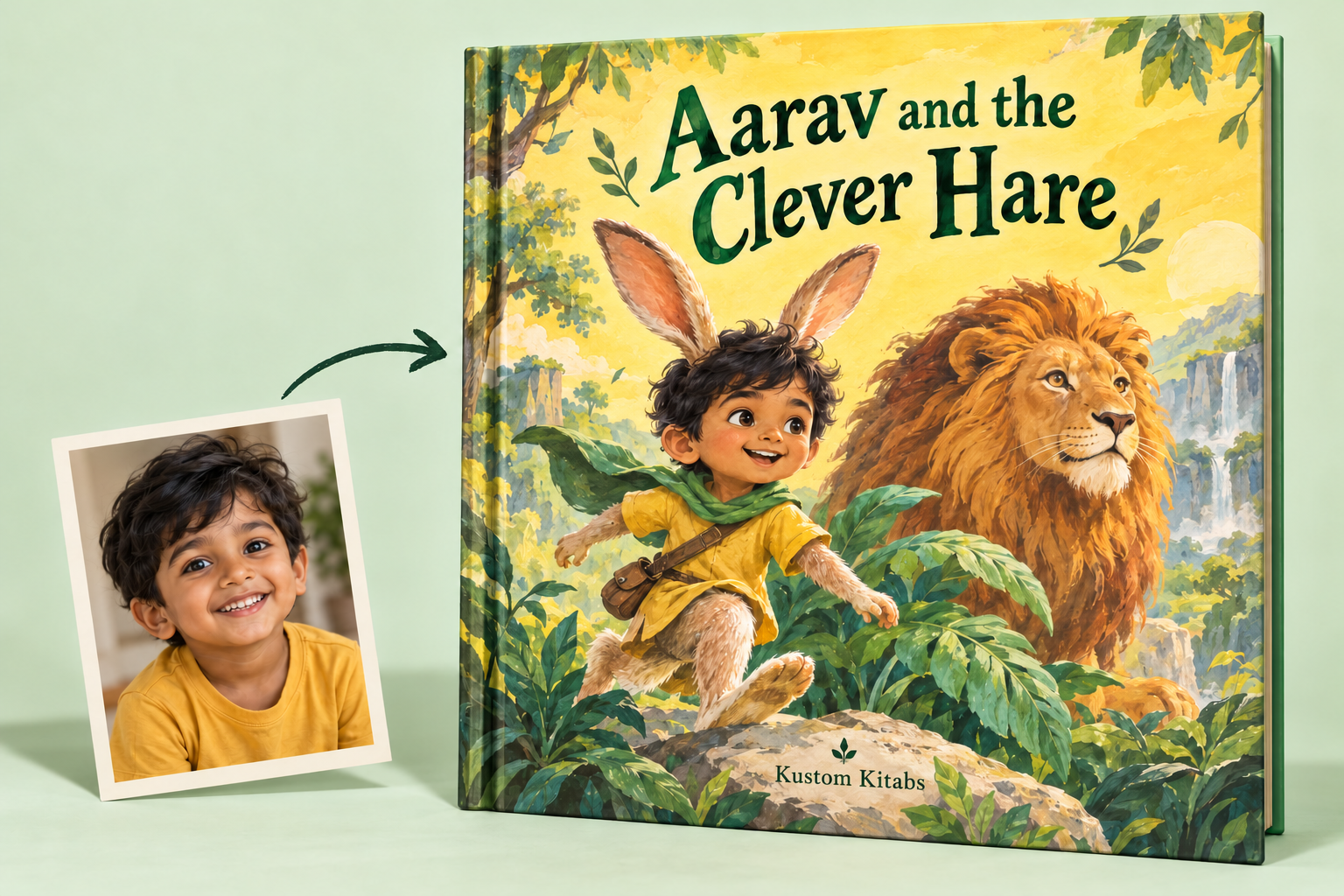 Sample transformation: a fictional child's photograph points to a personalized book titled Aarav and the Clever Hare, with the child illustrated as a hare