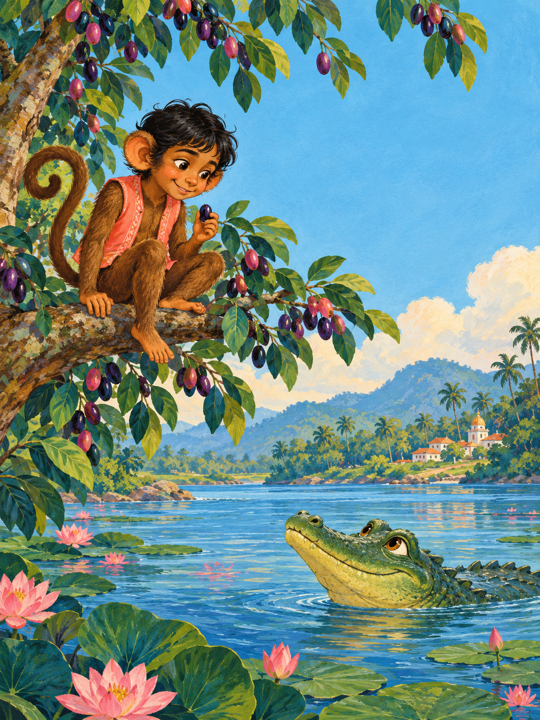 A child as a monkey in a jamun tree above a crocodile